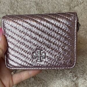 Tory Burch Pink Metallic Small Kira Moto Quilted Zip Around Wallet